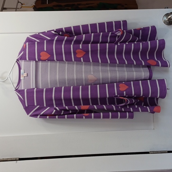 LuLaRoe Purple Cardigan with Pink Hearts & White Stripes, Light Sweater Jacket - Picture 1 of 9
